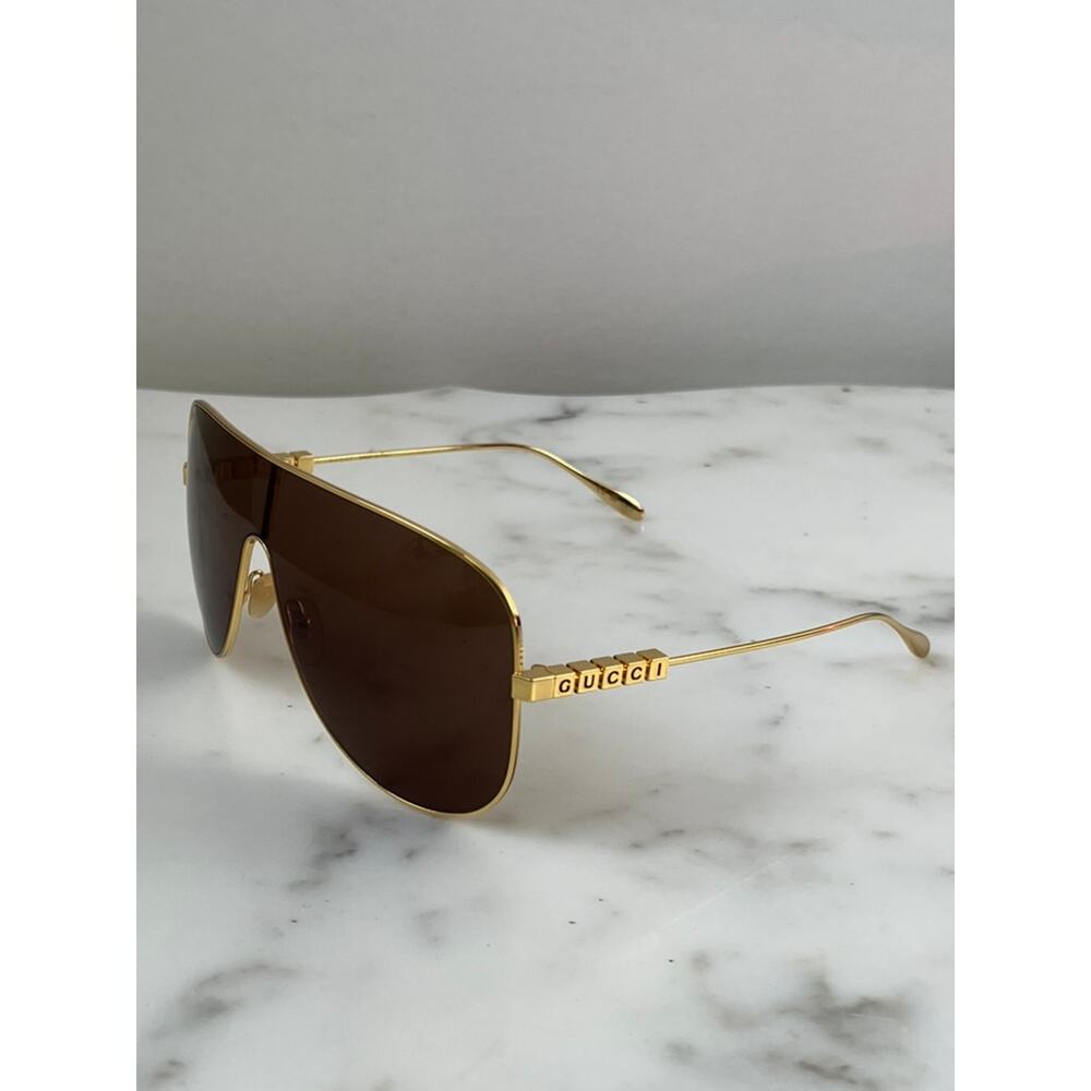 NEW Gucci GG1436S Gold Metal Shield Brown Sunglasses $640 - Picture 6 of 8